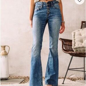 Blue Flare Wide Leg Jeans with Button Vintage Appeal